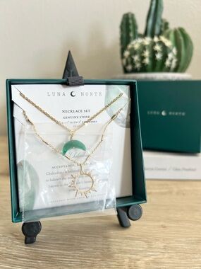 Luna Norte Chalcedony Necklace Set Crescent Moon Sun Pendant Gold Tone
